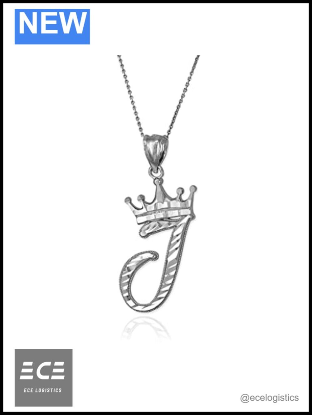 Sterling Silver 925 Letter J Initial Cursive Crown Pendant Necklace Rolo Chain